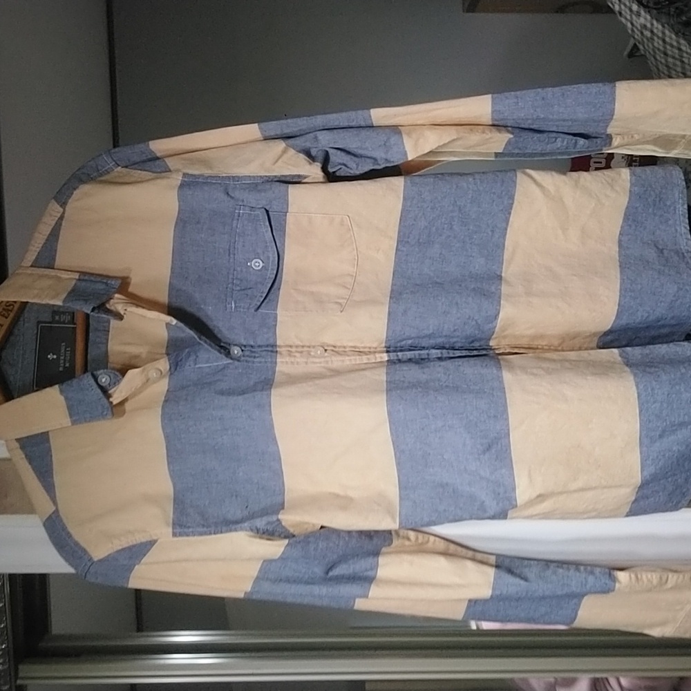 Men's Blue and Tan Striped Shirt